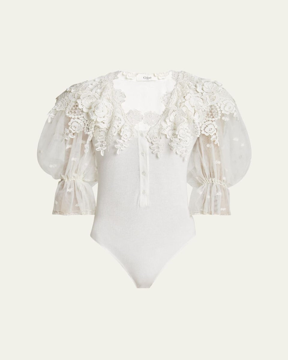 Puff-Sleeve Guipure Lace Bodysuit